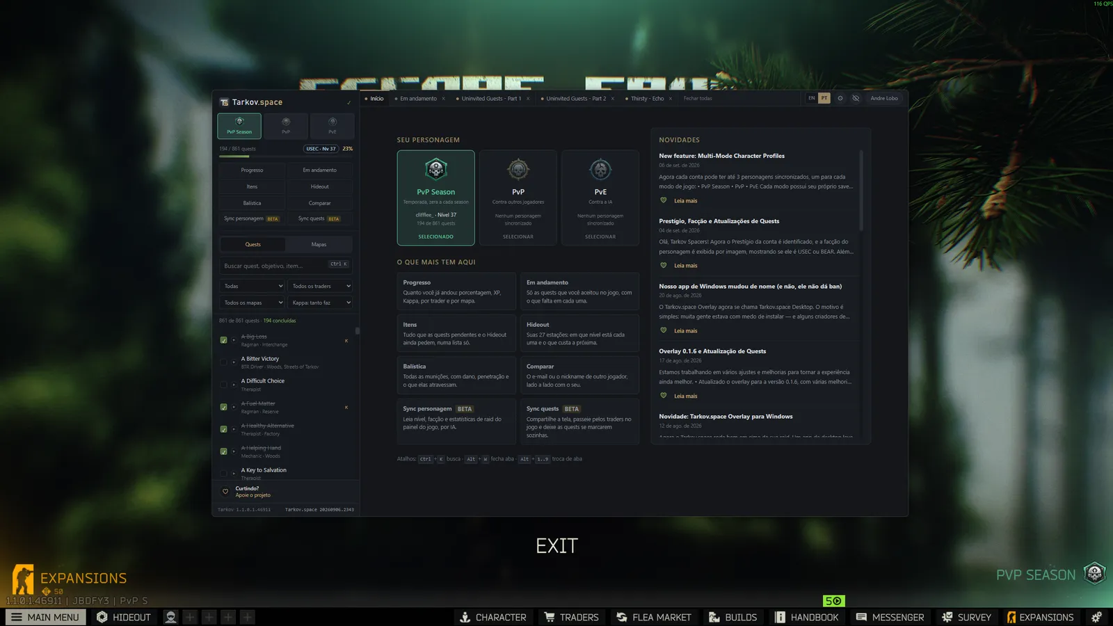 Tarkov.space Desktop open in front of Escape from Tarkov